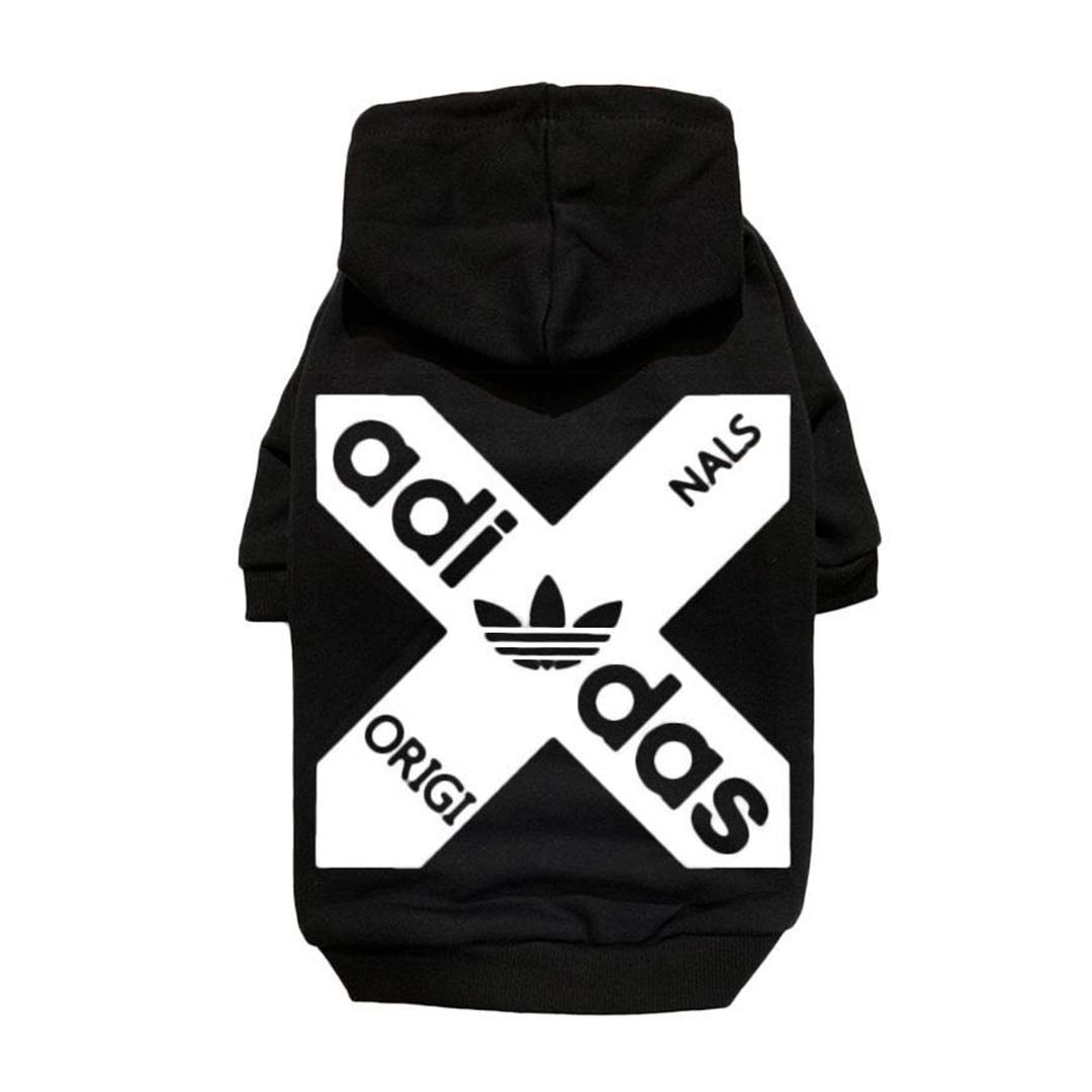Black adidog hoodie for designer dog with white x symbol & originals adidas letter