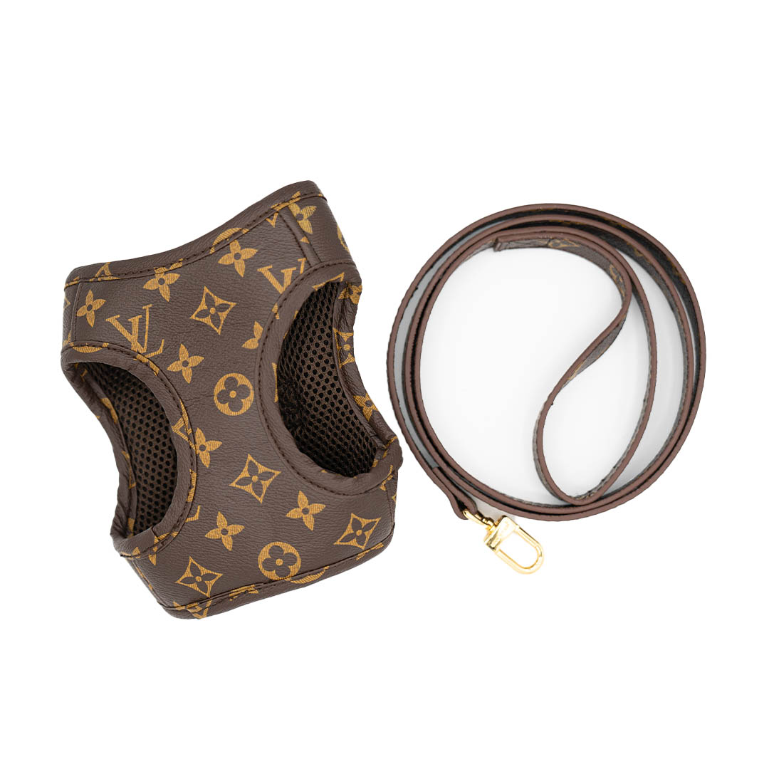 Chewy Vuitton - Classic Mongram Harness and Leash Set