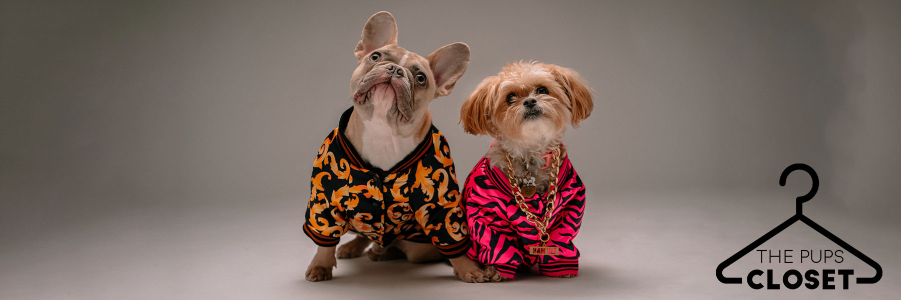 Two dogs with designed dog apparel & accessories - the Pups Closet Logo at corner 